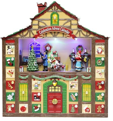 Christmas Decor Animated Advent Calendar House, Tabletop Decor with LED Lights and Christmas Music - Power Adapter (included) (16.2H x 15.4W x 3.7D) BO, 3 AA batteries not included.