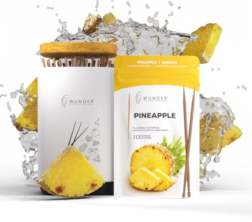 Zahnstocherspender von Wunder Zahnstocher - Spender mit easy-lift Funktion - Zahnstocherhalter + 1 Refill Pack (100 Zahnstocher) - Zahnstocher mit Geschmack (SPENDER + ANANAS REFILL)