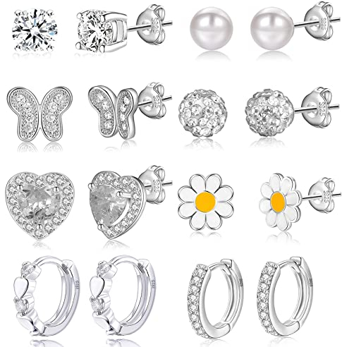 8Paare 925 Sterling Silber Ohrringe für Mädchen Damen Hypoallergene Ohrringe Tiny Herz Hoop Ohrringe CZ Ball Schmetterling Daisy Gestüt Sets für Teenager Kinder Kleinkind Rosa Silber