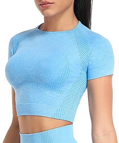 Yaavii Sport Oberteile Damen Kurzarm Gym T-Shirts Bauchfrei Crop Top Fitness Blau S