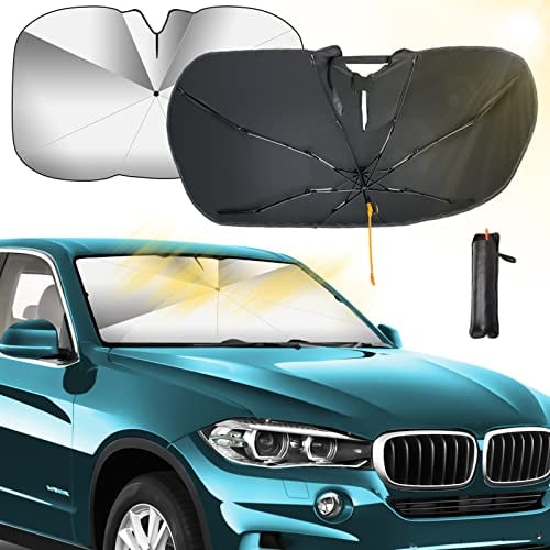 GOHHME Parasol Parabrisas para Coche Parasol Coche 52*29 PULGADAS Delantero Rotación de 360° Mejorada Sombrilla Plegable Para Coche Protección UV y Aislamiento Térmico Visera Solar Para Automoción M