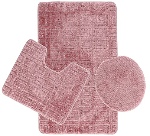 COFI 1453 3-Teilig Bad Garnitur Badematte Badvorleger Wasser absobierend Muster rutschfest Rosa