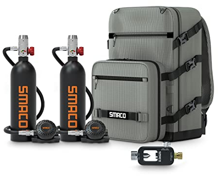 SMACO Mini Bouteille de Plongée 1L Petite Bouteille de Plongee (2 Pièces) Rechargeable Mini Bouteille d'oxygène Plongee 15-20 Minutes Bouteille Oxygene sous Marine Dispositif de Respiration S400