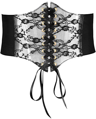 JASGOOD Women Elastic Lace-up Corset Belt Lace Studded Clear Plastic Tied Costume Waist Belts Halloween Accessory,Black,Fit Waist Size 35-38