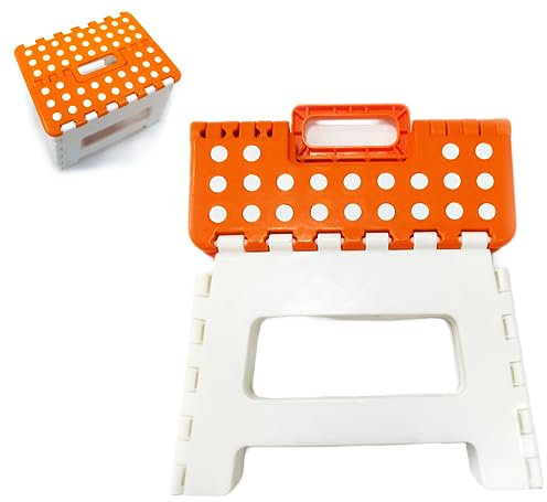 9 inch small folding step stool for adults-kids-infant,Heavy duty foldable stools for adults,non slip kitchen stool-garden stool, (Orange White)
