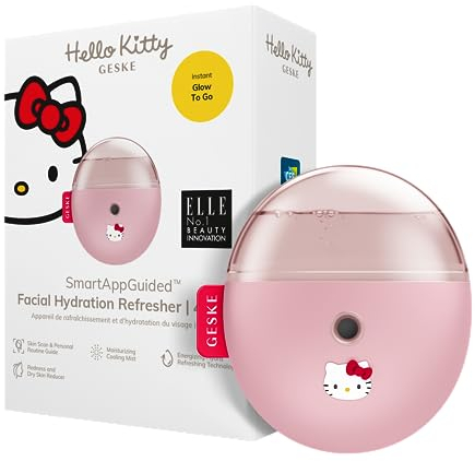 GESKE x Hello Kitty | SmartAppGuided™ Facial Hydration Refresher | 4 en 1 | atomizador de agua | vaporizador | Bruma | Dispositivo de limpieza facial | spray | Profesional | Brillo natural