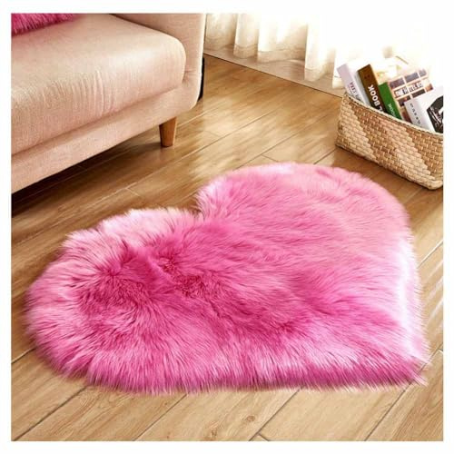 SHTGOI Tappeto in pelliccia a forma di cuore, morbido, a pelo lungo, in pelle di pecora, cuscino in finta pelliccia, per soggiorno, divano, camera da letto, pavimento, 50 x 60 cm, rosa scuro