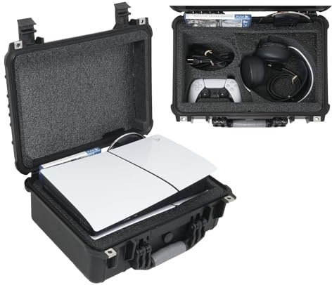 Case Club Custodia rigida per PS5 Slim – Custodia impermeabile con scomparto per cuffie e slot personalizzati per 1 gioco, supporto e 1-2 controller (Playstation 5 Slim)