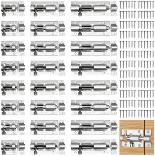 NINGYER 24 Pièces Targette de Porte, Verrou Targette Porte en Acier Inoxydable avec 144 Vis, Loquet Portail Coulissant, Convient pour Portes de Jardin, Salles de Bains, Remises (3 Tailles)