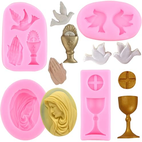 RFGHAC Lot de 4 moules en silicone pour décoration de gâteau de baptême, communion, calice de paix, colombe de paix, nonne, fondant pour baptême, décoration de gâteau, bonbons, chocolat, pâte à sucre,