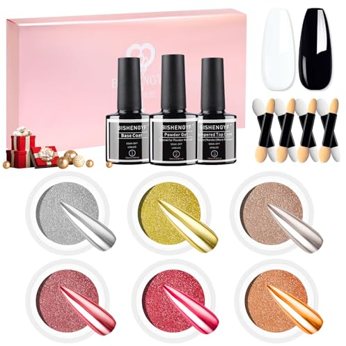 BISHENGYF Chrome Nail Powder Kit 3x10ML No Wipe Gel Top and Base Coat Set Mirror Effect Rose Gold Nail Chrome Powders Nail Art Decoration Glitter, Holo Nail Powder 6 Colors 1g or 0.5g/Jar