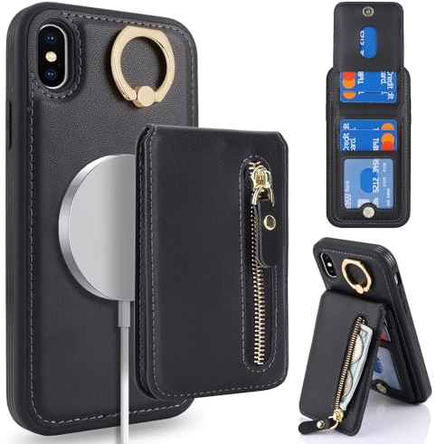 ELTEKER Handyhülle iPhone XS MAX Hülle mit Kartenfach Magnetischer Wallet Kartenhalter, Leder Klapphülle mit Ring Ständer Schutz Hülle für iPhone XS MAX- Schwarz