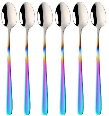 SBOMHS Latte Macchiato Löffel 18/10 Edelstahl Kaffeelöffel Langer Stiel Cafe Cappuccino Löffel Dessertlöffel 20CM Longdrink Löffel für Joghurt Nutella Milchkaffee 6 Stück(Farbverlauf Regenbogen)