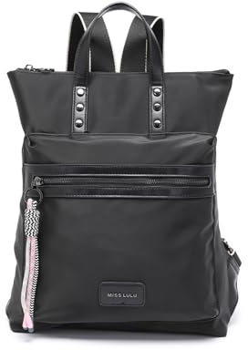 Miss Lulu Damen Rucksack Modisch Reiserucksack Leicht PU Schultertasche Frauen Wasserdicht Freizeit Daypack mit Boho-Chic Trägern (Schwarz)