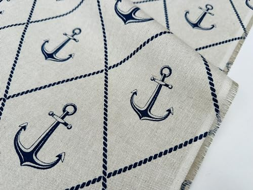 Maritimer Mix & Match Stoffkollektion, Leinenoptik, Marine, Heimdekoration, Vorhang, Polster, Ankerstreifen, Fischmaterial, 140 cm breit (Meterware) (Anker)