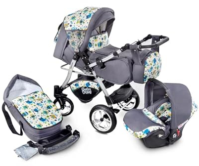 GaGaDumi Urbano Kinderwagen 3 in 1 Komplettset mit Autositz - Baby Stroller 3 in 1 TÜV - Kombikinderwagen 3 in 1 Komplettset Voll-Gummireifen - Grau Eulen