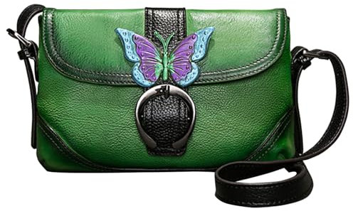 Karoukee Damen Echter Leder Crossbody Tasche, Vintage-Stil Schultertasche, Süße Umhängetasche für Frauen, Kleine Leder Handtasche mit Verstellbarer Schulterriemen, Grün