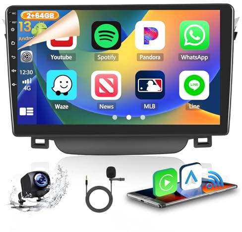 Hikity 2+64GB Android 15 Radio Coche CarPlay Android Auto Inalámbrico para Hyundai I30 2011-2015 Radio Bluetooth Manos Libres Auto Radio con 9 Pantalla Táctil WiFi GPS FM SWC EQ AHD Cámara Trasera