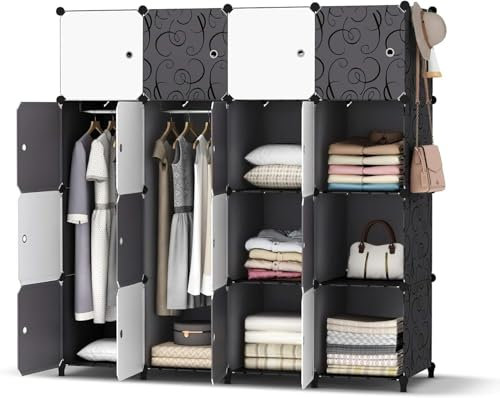 HOMIDEC Kleiderschrank, Tragbarer Regalsystem,16 Würfel Schrank aus Kunststoff mit 3 Kleiderstange, Schlafzimmerschrank kleiderschrank Weiss für Schlafzimmer (schwarz und weiß)