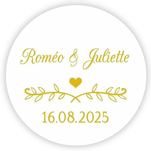 MameArt 50 Stück 4cm Hochzeit Aufkleber Personalisiert mit Namen, Aufkleber für Hochzeit Gastgeschenk Taufe Kommunion Geburtstag Feste Geschenke Präsente (Gold 2)