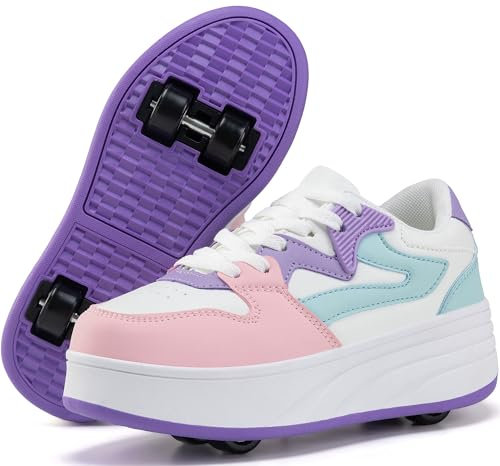 ANEFUN Scarpe da skate per bambini, ragazzi e ragazze, con ruote staccabili, scarpe sportive, Bianco/Viola, 31 EU
