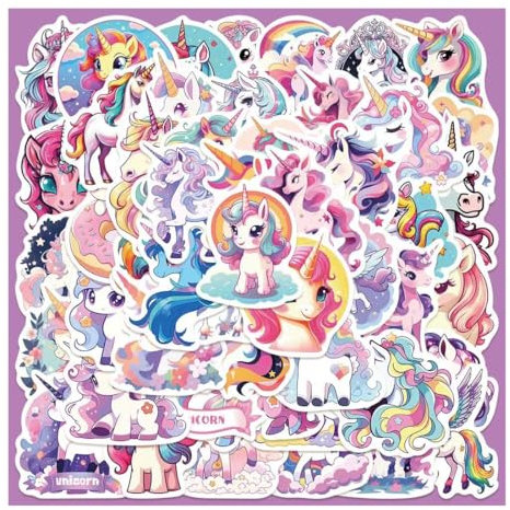 CPJJ 100 Stück Einhorn Sticker, Einhorn Aufkleber für Kinder, Mädchen, Scrapbooking, Geschenke - Cartoon, Vinyl-PVC, Multicolor
