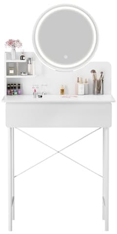 Dressing Table with LED Mirror (3 Light Modes), Makeup Vanity Desk with 2 Drawers and 3 Storage Shelves, Compact Dressing Table for Small Spaces White