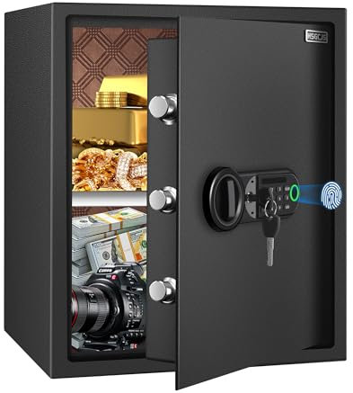 HSGCJS Large Fingerprint Safe – 1.93 Cubic Feet,Biometric Fingerprint Home Safe Box with Digital Keypad,Security box with Induction Light and Leather, Money Box for Jewelry Cash Document Valuables