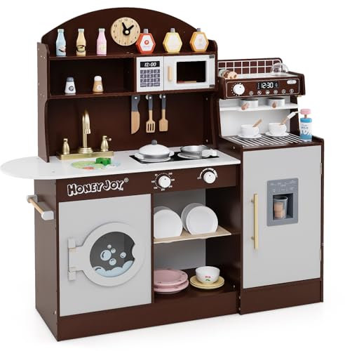 COSTWAY Kinderküche mit 27 Zubehör, Spielküche Holz mit Uhr Mikrowelle Spüle EIS- & Kaffeemaschine Geschirrständer und Waschmaschine, Spielzeugküche für Kinder ab 2 Jahren (Braun)