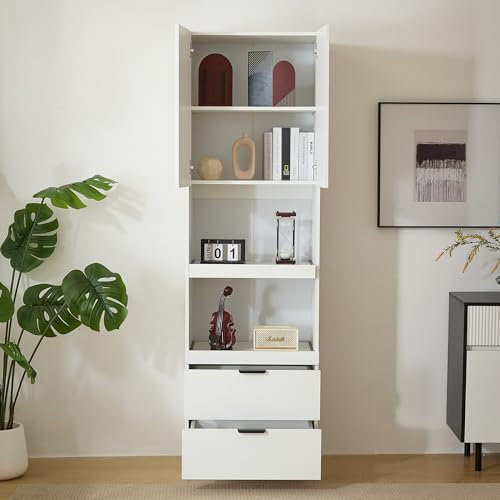 FAYICIC Armarios de cocina de 200 cm de alto, armarios, puertas, cajones, estantes para microondas, armarios altos con protección antivuelco, armarios multifunción independientes, color blanco