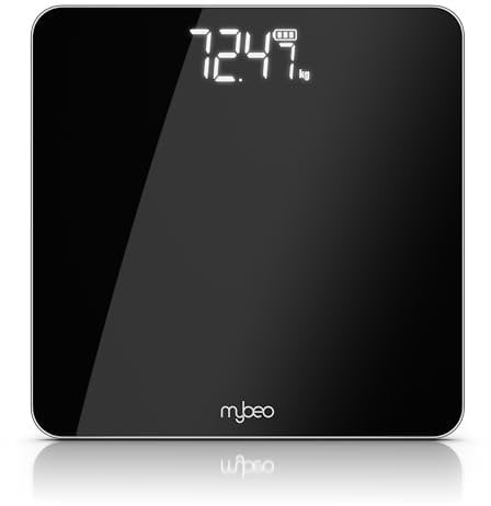 MyBeo - Digitale Personenwaage - Körperwaage aus Glas – 5 bis 180 kg – große Anzeige - LCD Display - kg und lb – DMS Sensoren – 6 mm Sicherheitsglas – automatisches Einschalten - Schwarz