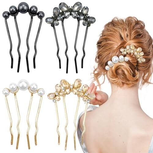 4PCS U Shaped Metal Hair Fork Clips,Sparkly Crystals Butterfly Flower,French Pearl Elegant Hair Prong Styling Pins for Girls, Hair Styling Accessories for Bridal Braided Curly hair, Wedding Daily