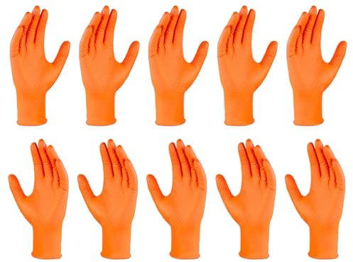 Celuicion Einweghandschuhe, 10 Stück Orange Einmalhandschuhe Extra Stark, Nitrilhandschuhe, Handschuhe Einweg, Arbeitshandschuhe für Werkstatt & Montage