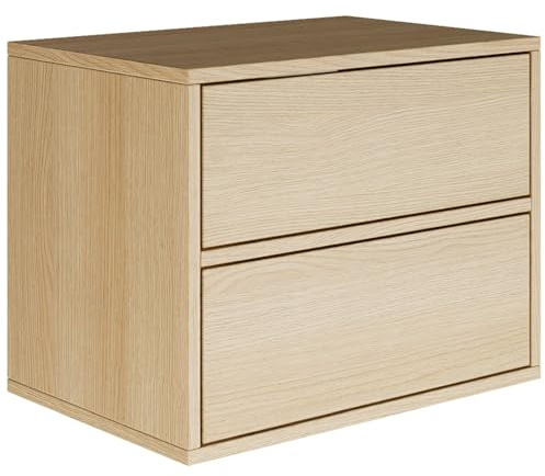 Selsey Nachttisch Hängend Schwebender Lindberg-Eiche Farbe 50B x 36T x 40H cm Nachtschrank mit Zwei Schublade in Minimalistischer - Push-to-Open- Skandinavischen Framme Platzsparend Wandmontage