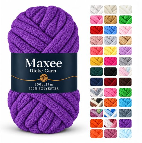 Maxee Dicke Wolle 250 g, XXL Chunky Garn zum Armstricken und Handstricken, weiches Roving-Garn zum Häkeln und Stricken für Decken, Kissen, Teppiche und Haustierbetten-31-Violett