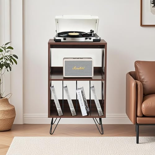 Awhtixbo Plattenspieler-Ständer, Vintage Beistelltisch Plattenspieler Regal mit Aufbewahrung, für 7 & 10 Platten, Holz Plattenspieler Tisch für Wohnzimmer, Schlafzimmer, Braun
