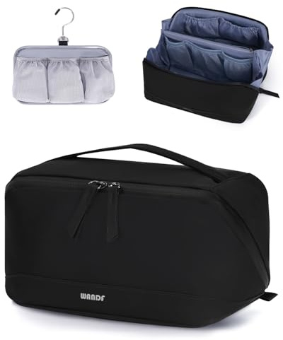 WANDF Kulturtasche für Herren, Reise-Kulturbeutel aus PU-Leder Organizer mit Abnehmbarer Wasserdichter Hängetasche, Offenes Flaches Kosmetiktasche mit Nassfach für Reiseaccessoires (Schwarz)
