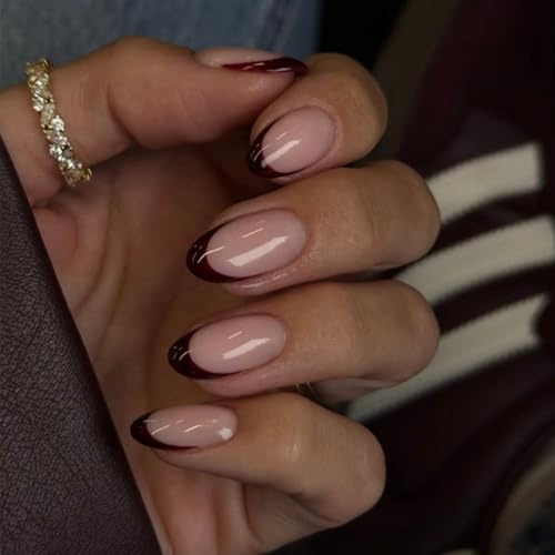 24pcs False Nails French Tip - Brown Edge Press on Nails Medium Almond - Strong Fake Nails with Glue - Full Cover Stick on Nails for Women French Nail Art