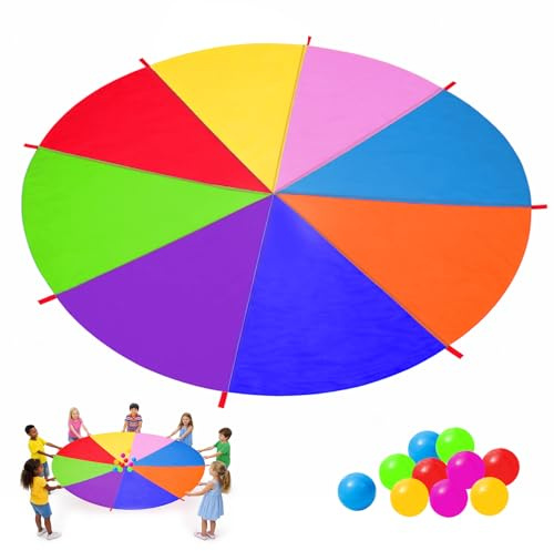 Tbintul Regenbogen Schwungtuch für Kinder,3.6M Schwungtuch Groß mit 8 Griffen und 10 Bälle,Outdoor Spiele Kooperative Bewegungsspiel Sportspiel Outdoor Gruppenspiel für Garten Schulen