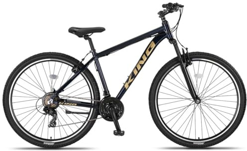 DEPORBIKES Mountainbike für Erwachsene, 73,7 cm (29 Zoll), Aluminiumrahmen + 21 Gänge Shimano + Federung vorne mit Verriegelung + V-Break-Bremsen, sicher und robust (Blau-Gold)