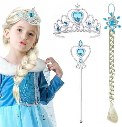 Set of 3, Prinzessin Kostüme Eisprinzessin, Mädchen Perücken Haarteil, Haarreif Zopf, ELSA Prinzessin Verkleiden,Eiskönigin Krone und Zauberstab ELSA Dress Up Zubehör Set für Cosplay