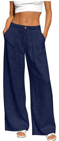 AACH Leinenhose Damen Sommer Stoffhose Lang Weites Bein Hose Einfarbig Leicht Sommerhose Musselin Gerade Geschnitten Hosen Knöpfen Reißverschluss Freizeithose mit Taschen Anzughose