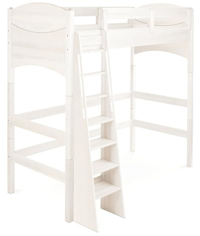 BioKinder Hochbett Kinderbett Noah mit Treppenleiter und Lattenrost aus zertifiziertem Kiefernmassivholz weiß lasiert 90 x 200 cm