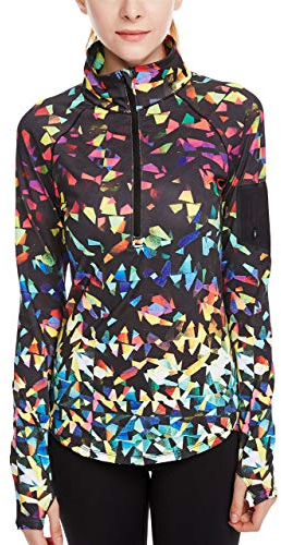 icyzone Damen Sport T-Shirt Langarm Laufshirt - 1/2 Reißverschluss Fitness Sweatshirt Laufjacke Running Tops (L, Fantastic)