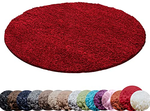 HomebyHome Teppich Rund Hochflor 200 cm Rund - Shaggy Runder Teppich Wohnzimmer Rot Extra Weich und Flauschig - Waschbarer Langflor Teppiche für Schlafzimmer, Küche, Flur - Carpet, Halı, Kilim