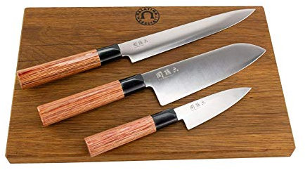 KAI Shun Seki Magoroku Redwood - Set di 3 coltelli giapponesi affilati | + un grande tagliere in rovere, 35 x 22 cm | VK: 259,- €