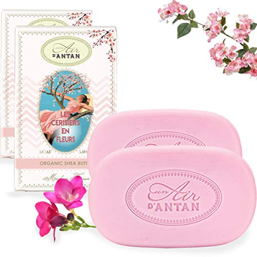 Pack 2x100g Seife Un Air d'Antan®/Parfüm: Kirschblüten/Bio-Arganöl & Bio-Sheabutter/Parabenfreie/Seife BIo/Organische Seife/Körperseife/Handseife Stück/Feste Seife/Beauty Produkte/Duftseife