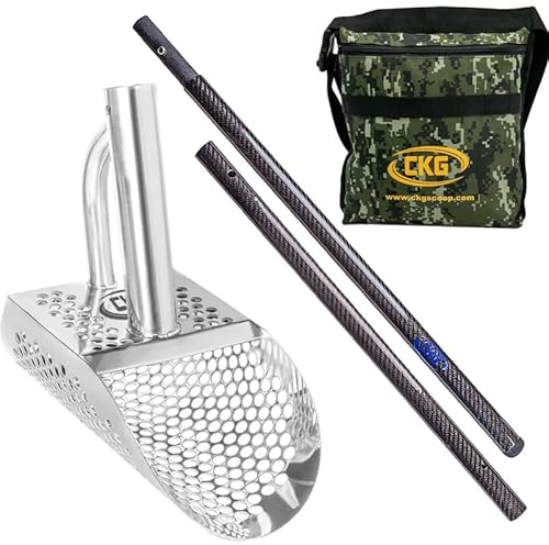 CKG Sand Scoop for Metal Detecting Stainless Steel Shovel for Beach Underwater Treasure Hunting with Long Carbon Fiber Handle Ultra Lightweight Pole