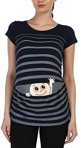 Winke Winke Baby - Lustige witzige süße Umstandsmode gestreiftes Umstandsshirt mit Motiv für die Schwangerschaft Schwangerschaftsshirt, Kurzarm (Schwarz, Medium)