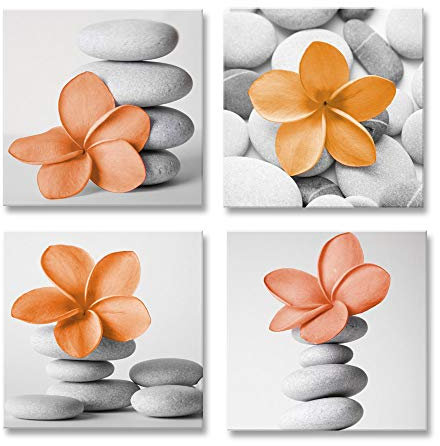 Genius Decor - Tableau moderne de fleurs de salle de bain - Galet zen - Impressions modernes - Orange brûlé - Gris - Décoration murale pour salle de bain (orange)